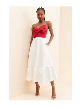 Hutch Strapless Red Bow Bodice White Midi Dress Sz 2/4